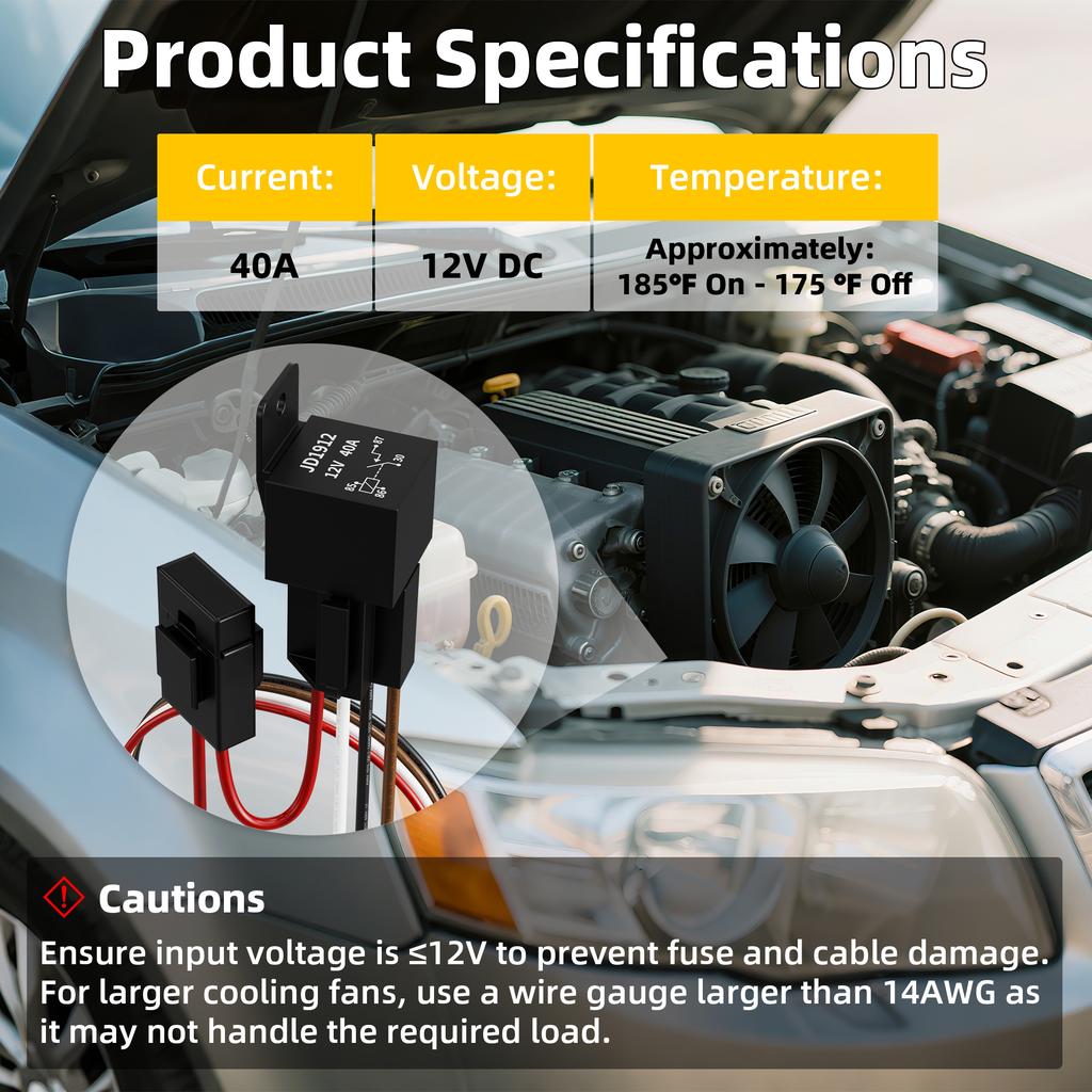 40 AMP Electric Fan Relay Kit Electric Cooling Fan Thermostat Kit with 185 On 175 Off Temperature Switch Waterproof Kit For Cars