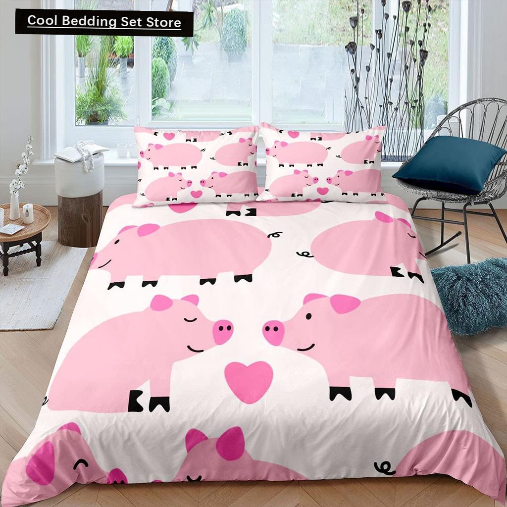 Cartoon Kawaii Pig King Queen Duvet Cover Happy Farm Animal Bedding Set Pink Piggy Quilt Cover 2/3pcs Polyester Comforter Cover