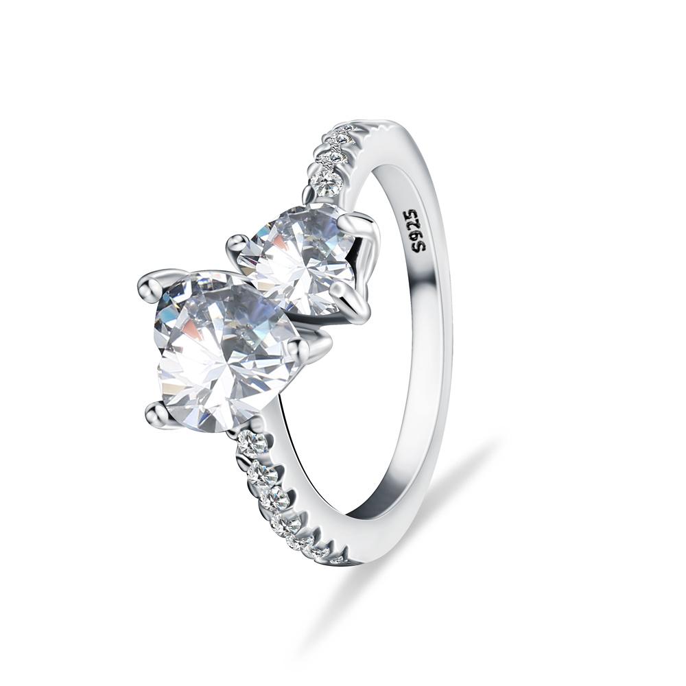 Silberplattierter Herzring, 2 klare Zirkonia-Herzsteine mit Pavé-Akzentband, Elegantes romantisches Schmuckgeschenk für sie & Valentinstag 7 white
