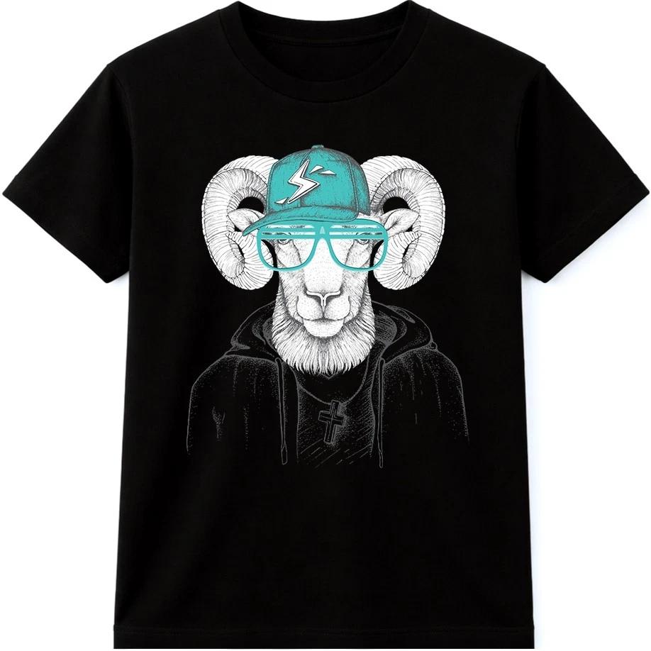 Футболка с Овном Графическая футболка с козлом Крутая футболка с животным в кепке и очках Streetwear XL