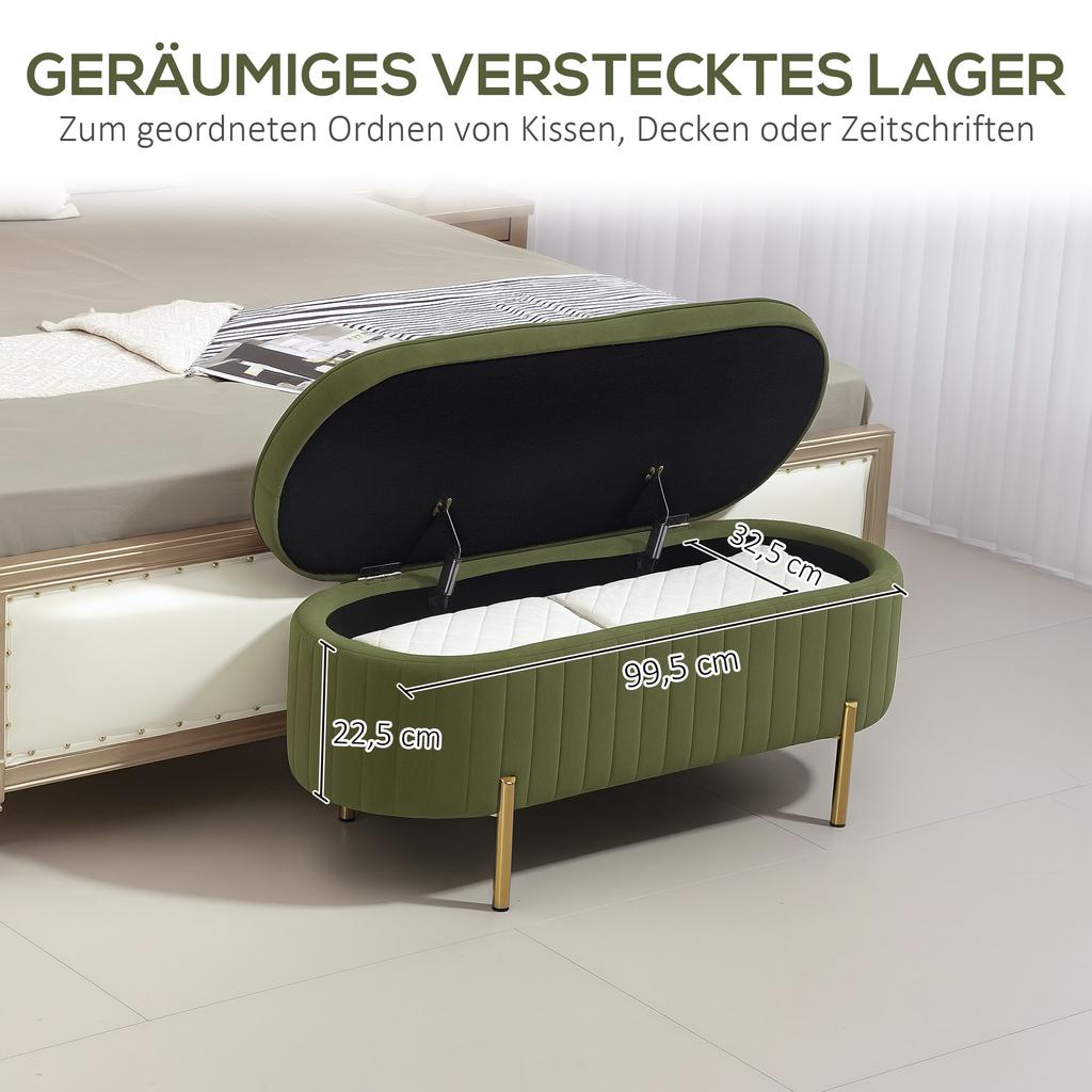 Storage Bench with Flip-Top Lid, Fabric Cover, Wood, Metal, Dark Green+Gold