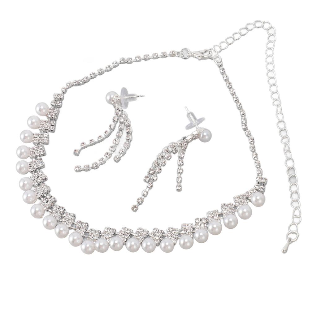 Women Necklace Earring Set Rhinestone Artificial Pearl Shiny Bride Jewelry Set for Birthday Party Wedding
