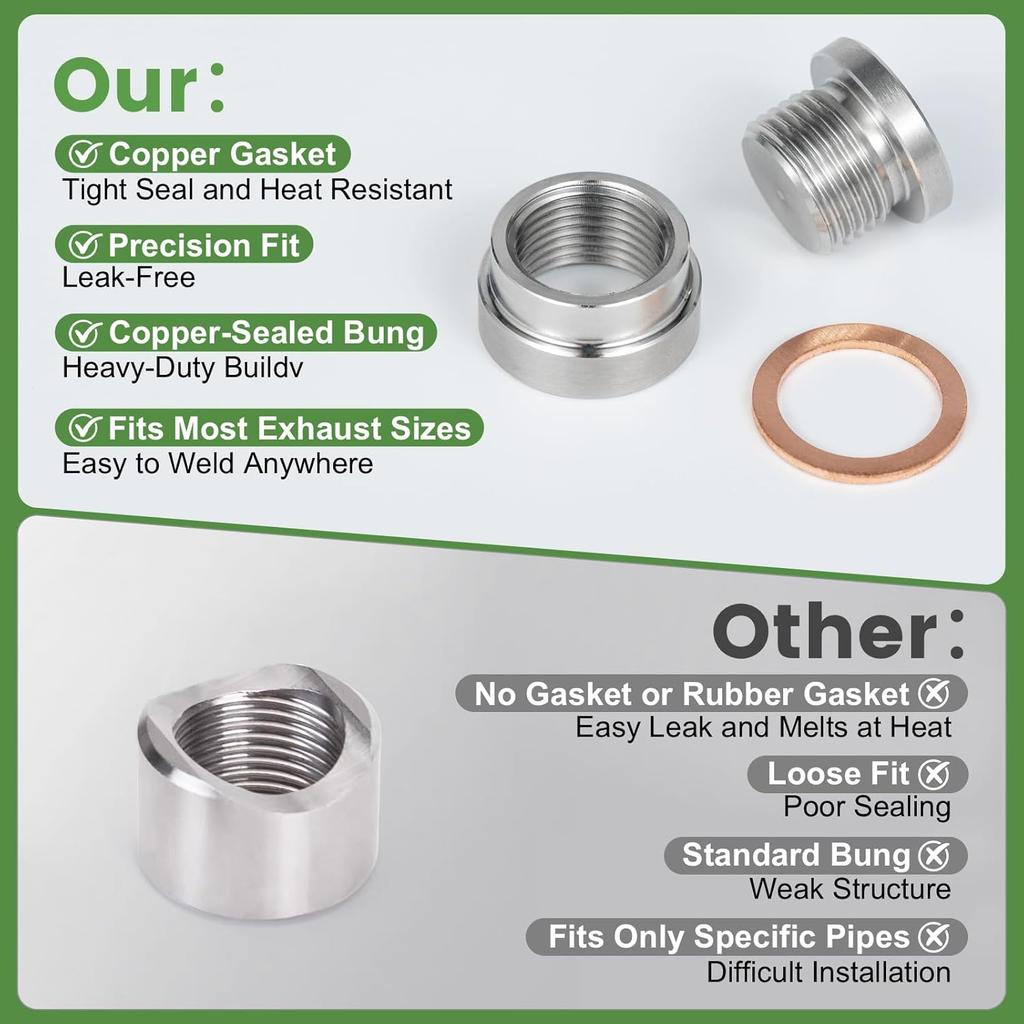 O2 Sensor Bung Weld In With Plug, 2 Set O2 Bung 304 Stainless Steel M18-1.5,Oxygen Sensor Bungs Plugs With Copper O-Ring For Automotive, Bike,