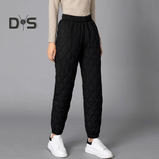 Women Winter Pants Elastic High Waist Quilted Pants Diamond-shaped Texture Design Thickened Warm Sweatpants