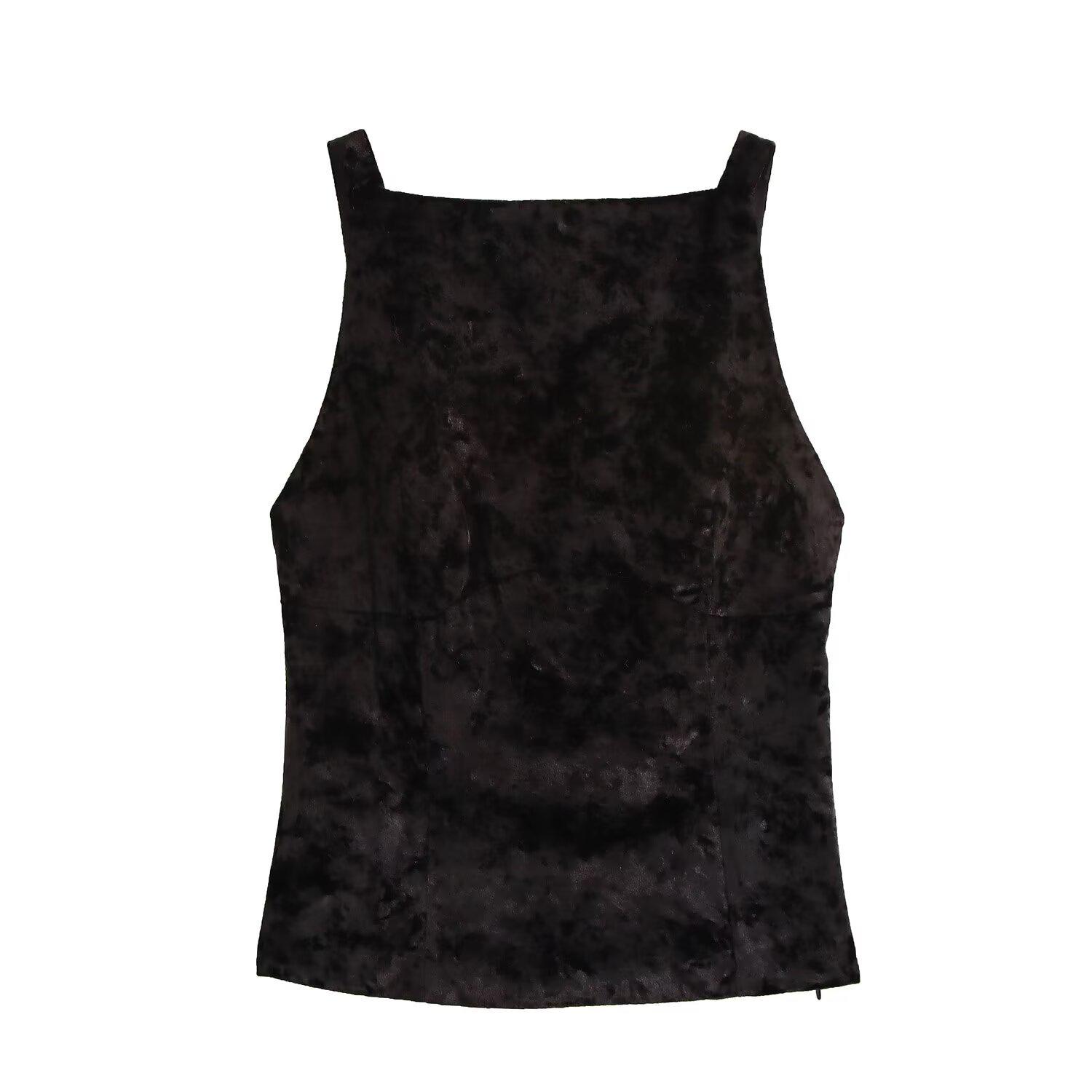 

Зима 2024 Плиссированный бархатный топ-камезоль без спинки с халтером - Европейский и американский стиль L чёрный