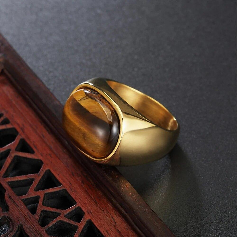Gold/steel Color Retro Tiger Eye Brown Stones Rings For Men Women Classic Elegant Simple Stainless Steel Stone Ring Jewelry Gift