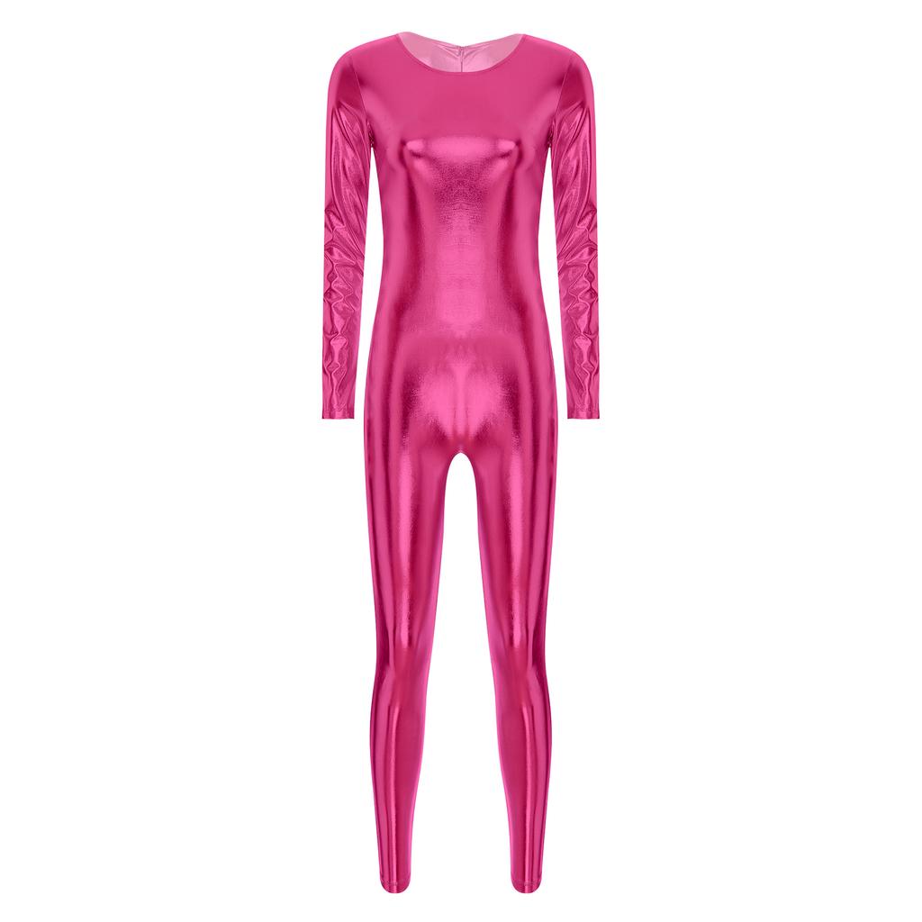Womens Metallic Bodysuit Shiny Unitard Long Sleeve Round Neck Full Coverage Slim Fit Dance Performance Wear