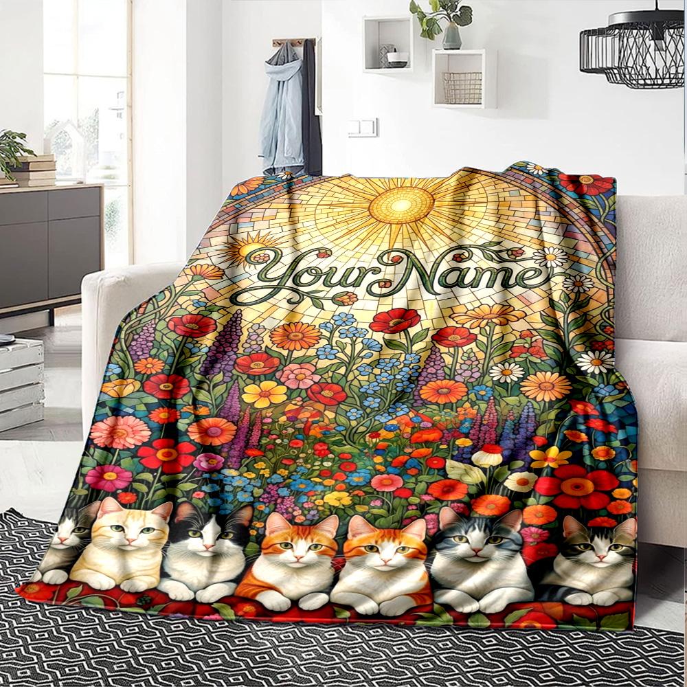 Name Custom Cute Cat Print Flannel Blanket High Quality Warm Comfortable Cover for All Seasons Perfect for Gifts Home Decor