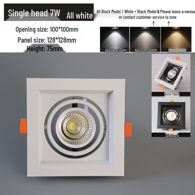 LED Double Head Spotlight: Embedded Grille, Single or Triple Head, Square Cylinder Design - Ideal for Living Room or Commercial Spaces.