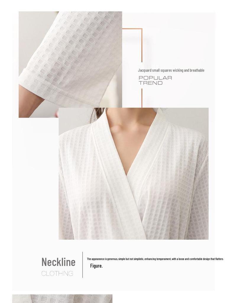 Waffle Pattern Bathrobe Couple Pajamas, Unisex Summer Three-Quarter Sleeve, Korean Style, Polyester & Absorbent.