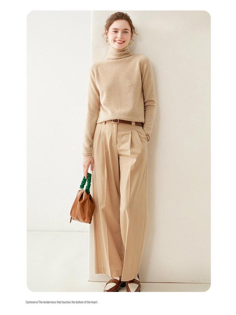 High-End Women's Loose Fit Cashmere Turtleneck Sweater with Rolled Edge