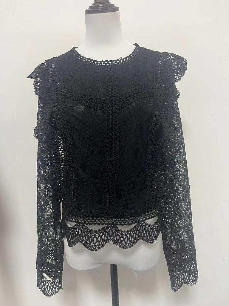 Nová evropská a americká sexy dutá krajková košile s dlouhým rukávem - Sladké dámské topy 2023