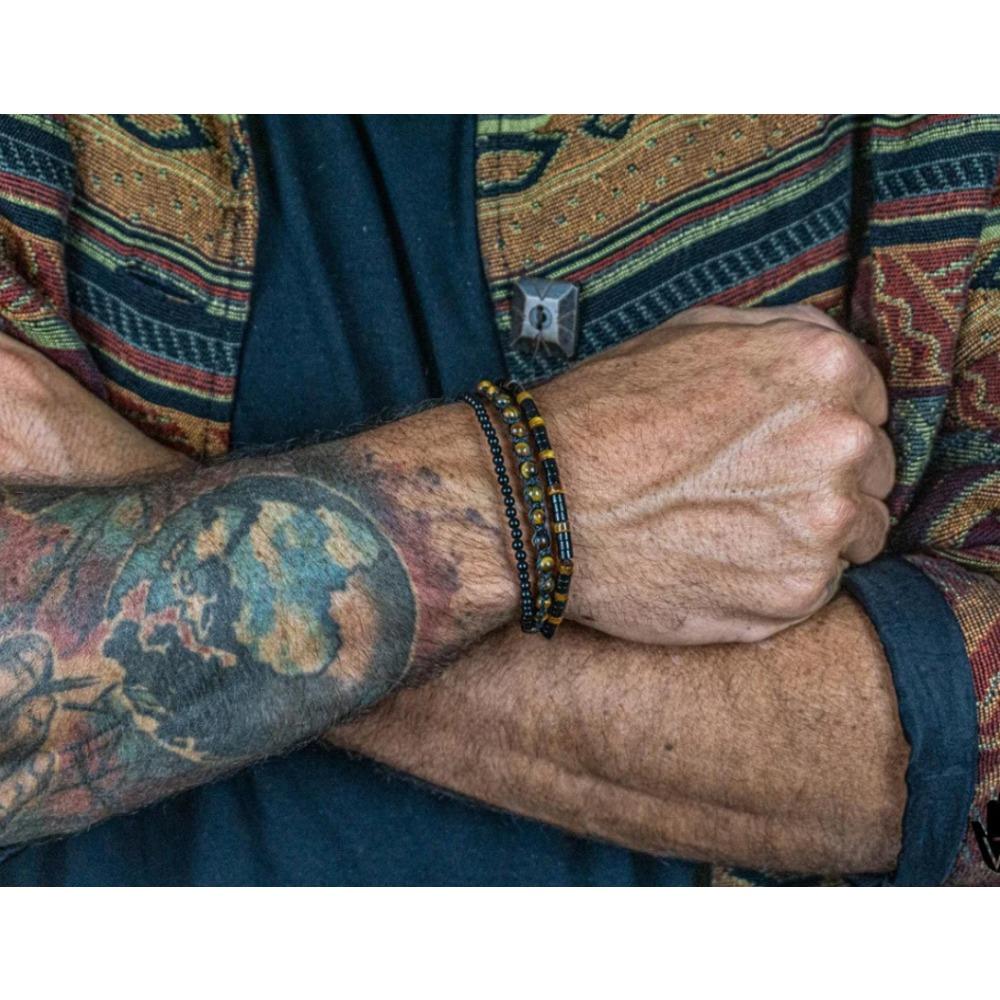 Vacation Style Stacked Bracelet Retro Men's Beaded African Pine Black Agate Woven Elastic Bracelet Women