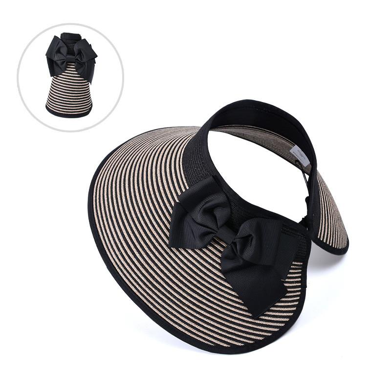

Summer Straw Hat With Large Brim And Butterfly Bow For Sun Protection And Fashion Striped Beige