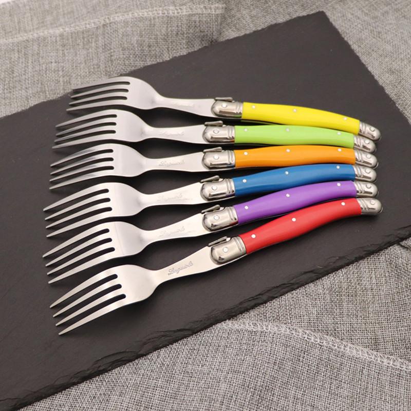 6pcs Laguiole Steak Forks Rainbow Dinner Fork Set Colorful Cutlery Table Fork Stainless Steel Bar Dinnerware Restaurant Home Kit