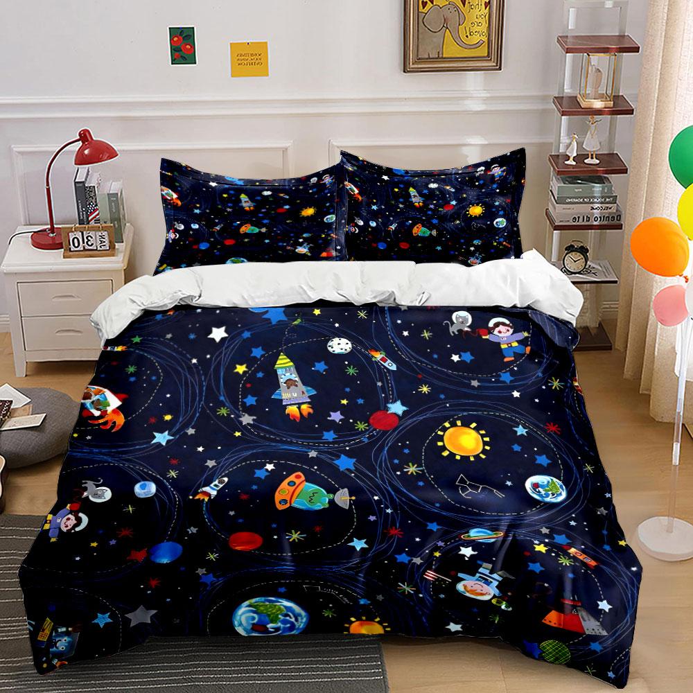 Kids Cartoon Space-Themed Bedding Set Soft Skin-Friendly Bedding Set Includes 1 Duvet Cover And 2 Pillowcase, Gift