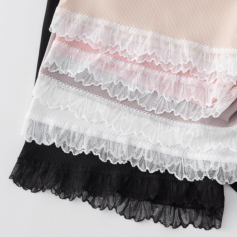 Spring-Summer Women's Ice Silk Lace Trim Leggings with Vertical Stripes and Anti-Exposure Three-Point Safety Design