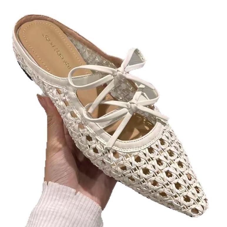 2025 new summer net shoes slippers women's fashion versatile bow hollow shallow mouth flat bottom bag head half slippers women
