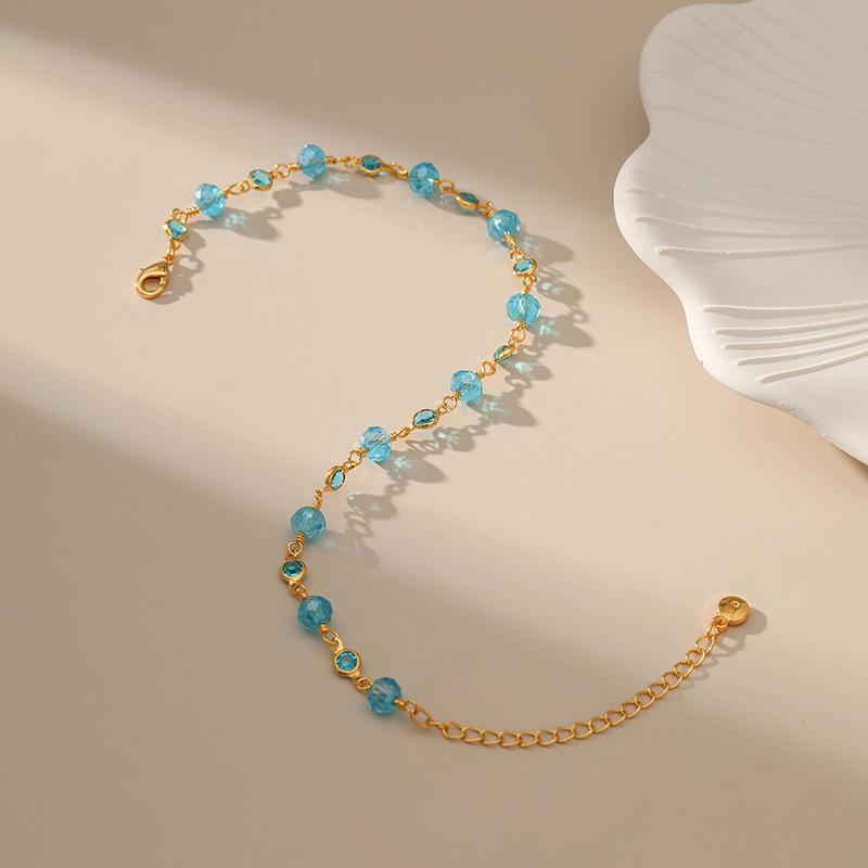 Women S Copper Plated 18k Gold Blue Zircon Handmade Beaded Anklet