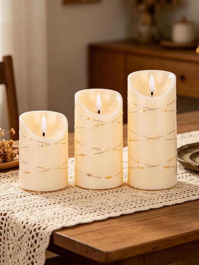 Wave-Edge LED Flameless Candles with Fairy Lights Set