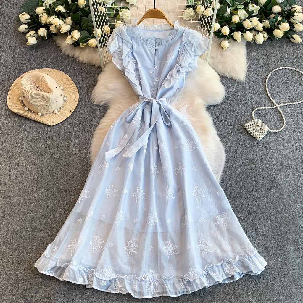 Sweet Stitched Ruffle Hem round Ne Princ Long Dress Women Spring Autumn Belted Waist Women Dress