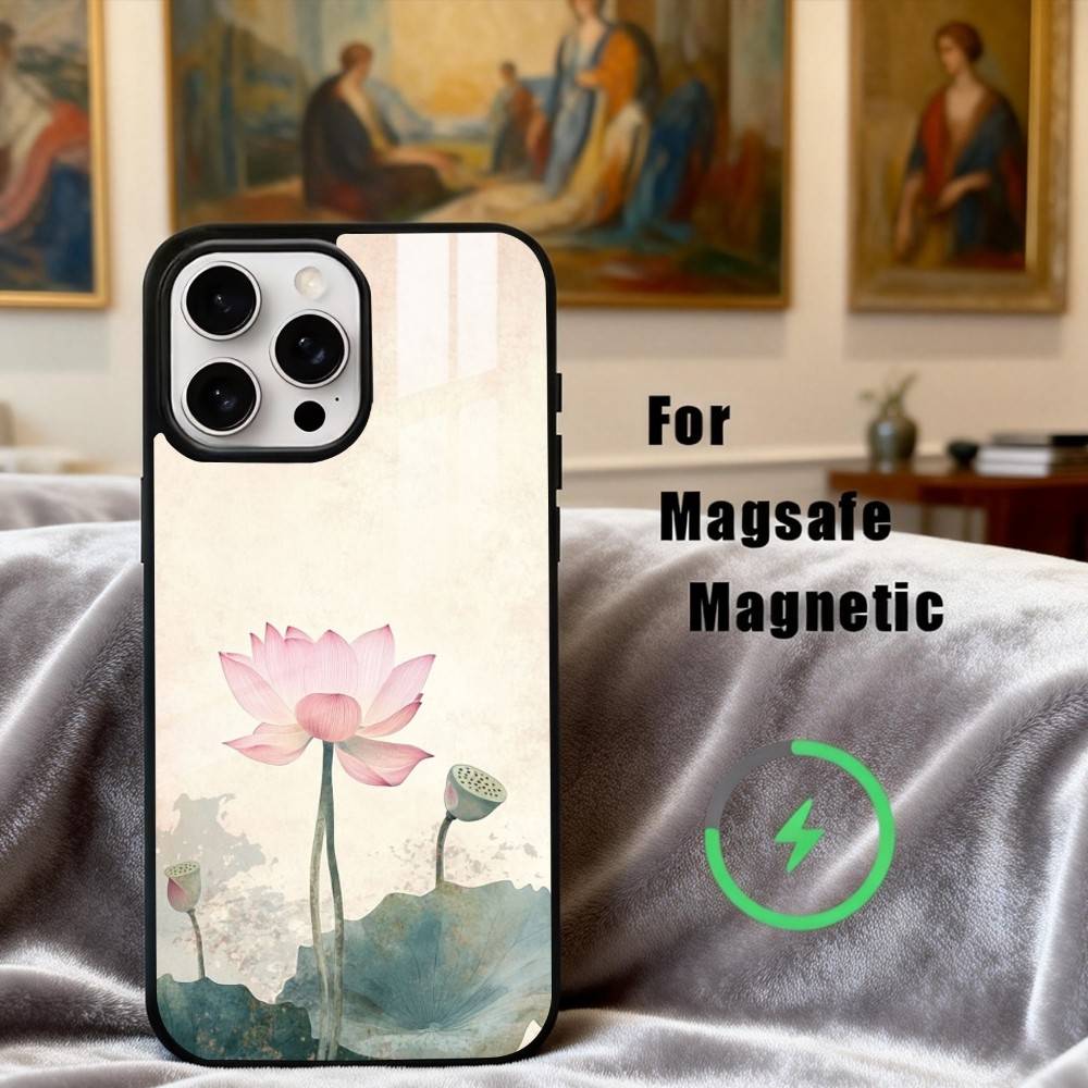 E-Emerald W-White Lotus Phone Case For iPhone17,16,15,14,13,12,11 Plus,Pro Max Magnetic For Magsafe Wireless Charging