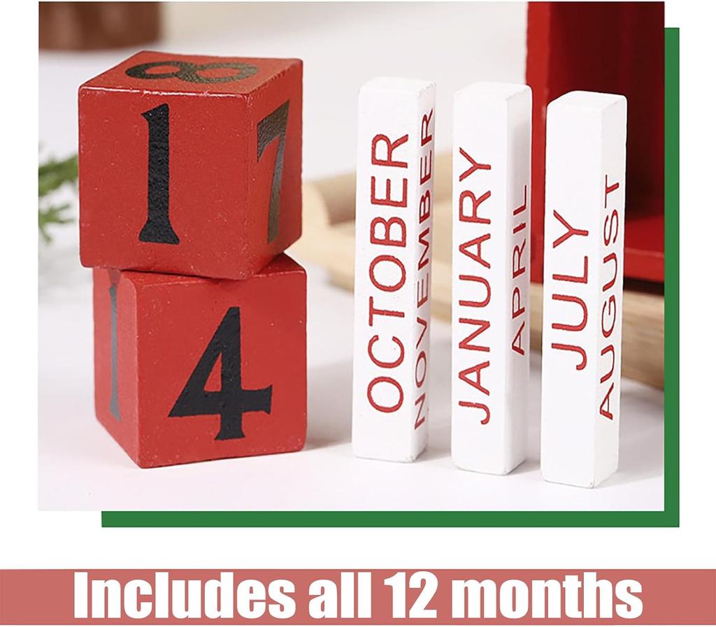 Christmas  Wooden Calendar with Blocks,Santa Snowman Deer Decor for Holiday/Farmhouse/Kitchen/Table/Room, Children Toys & Gifts