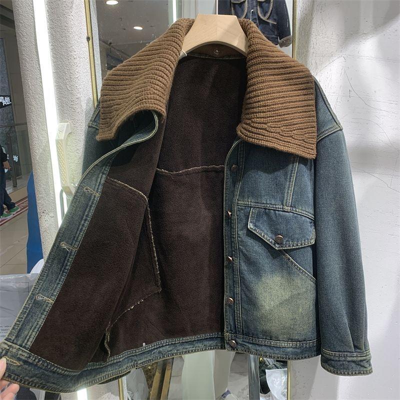 Retro Knit Fleece-Lined Denim Jacket - Petite Women's Thickened Winter Top (2025 Autumn/Winter)
