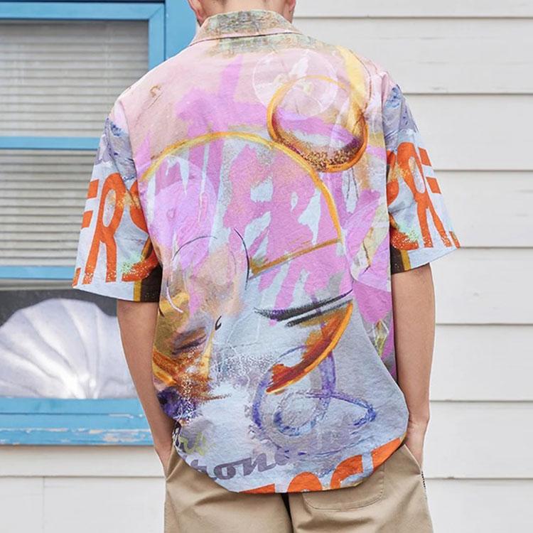 LiNing Loose Cartoon All-Over Print Turndown Collar Short Sleeve Shirt Unisex Tops Red Coral-Pink ASHS899-1