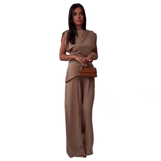 Women Two Piece Outfits Summer Sleeveless Irregular Hem Top And Wide Leg Pants Set Casual Business Office Set