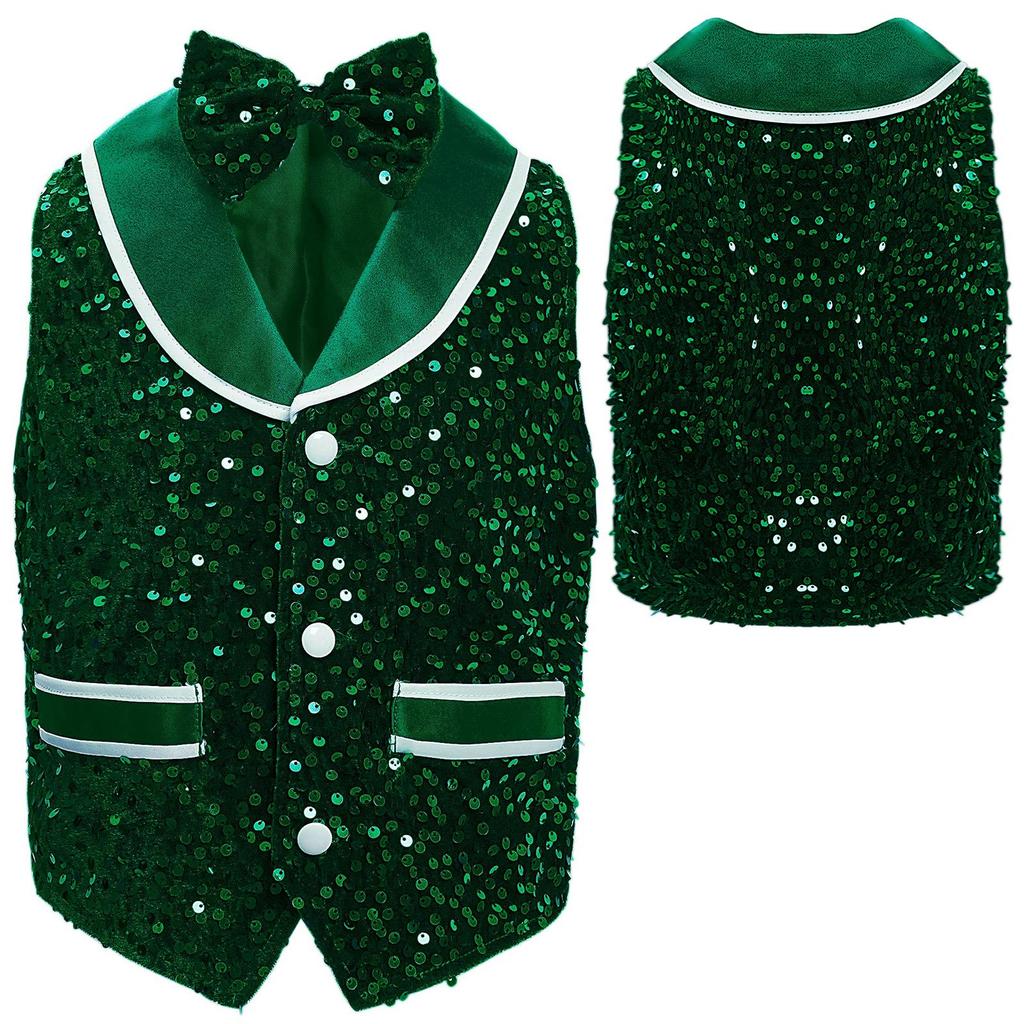 Kids Performance Vest Sparkling Sequins Velvet Buttons Irregular Hem with Bowtie Costume