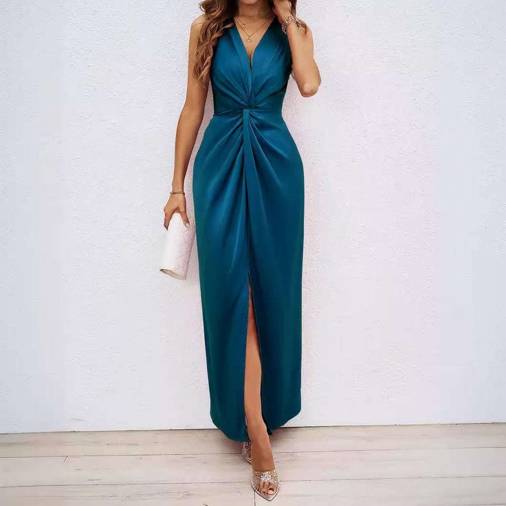 2026 summer European and American women's clothing elegant kinked sleeveless V-neck split-ended slim temperament dress women