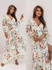 2024 Summer European & American Print V-neck Slit Dress with Long Sleeve & Waist Tie