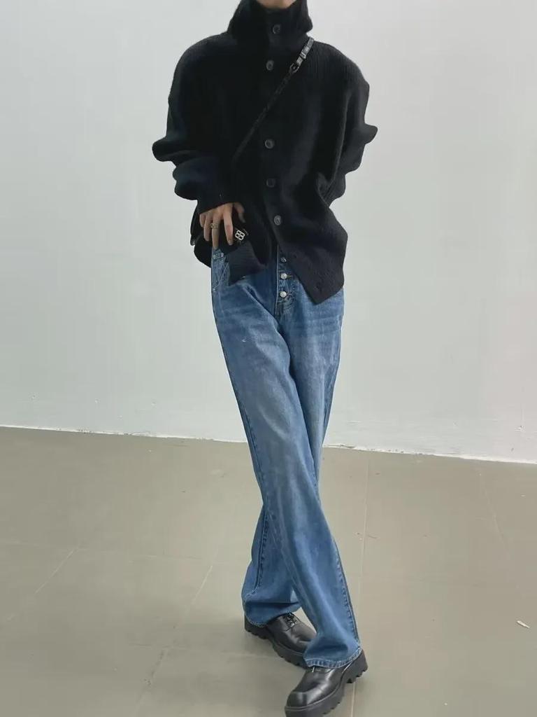 Men's Thickened Turtleneck Sweater with Button Decoration - Loose Fit Cardigan