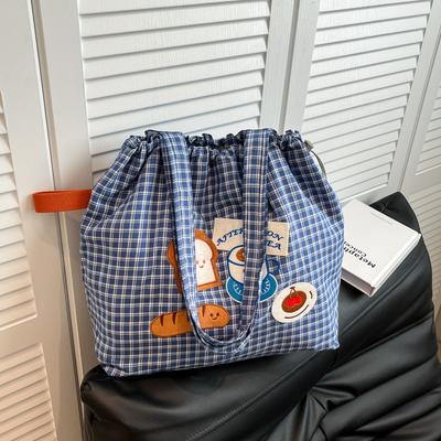 Large Capacity Cute Embroidered Canvas Bag Plaid New Casual Versatile Student Class Shoulder Tote Bag Women
