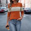 Women's Fashionable Round Neck Long Sleeved Color Blocked Loose Casual Pullover Top