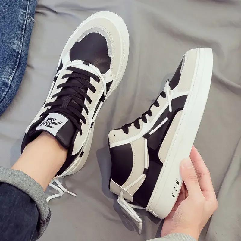 Korean Style Trendy 2026 Spring Autumn New Men's High Top Lace Up Casual Sports Skate Shoes Versatile Mid Top for Youth Students