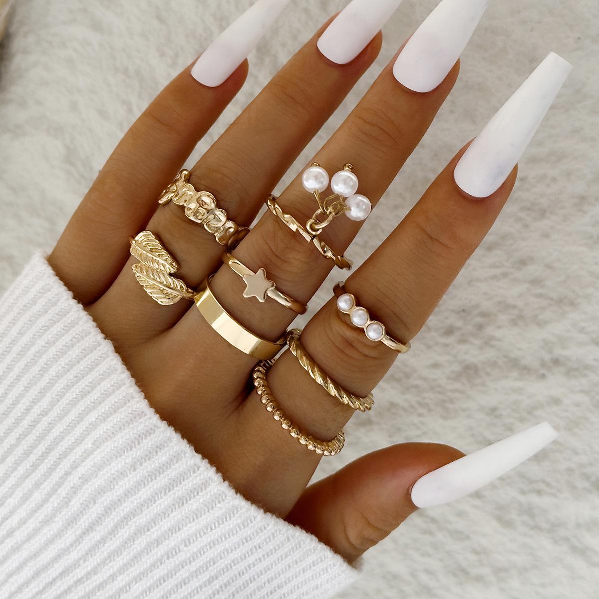 Alloy leaf open multi-joint pearl ring stacked ins design temperament ring set