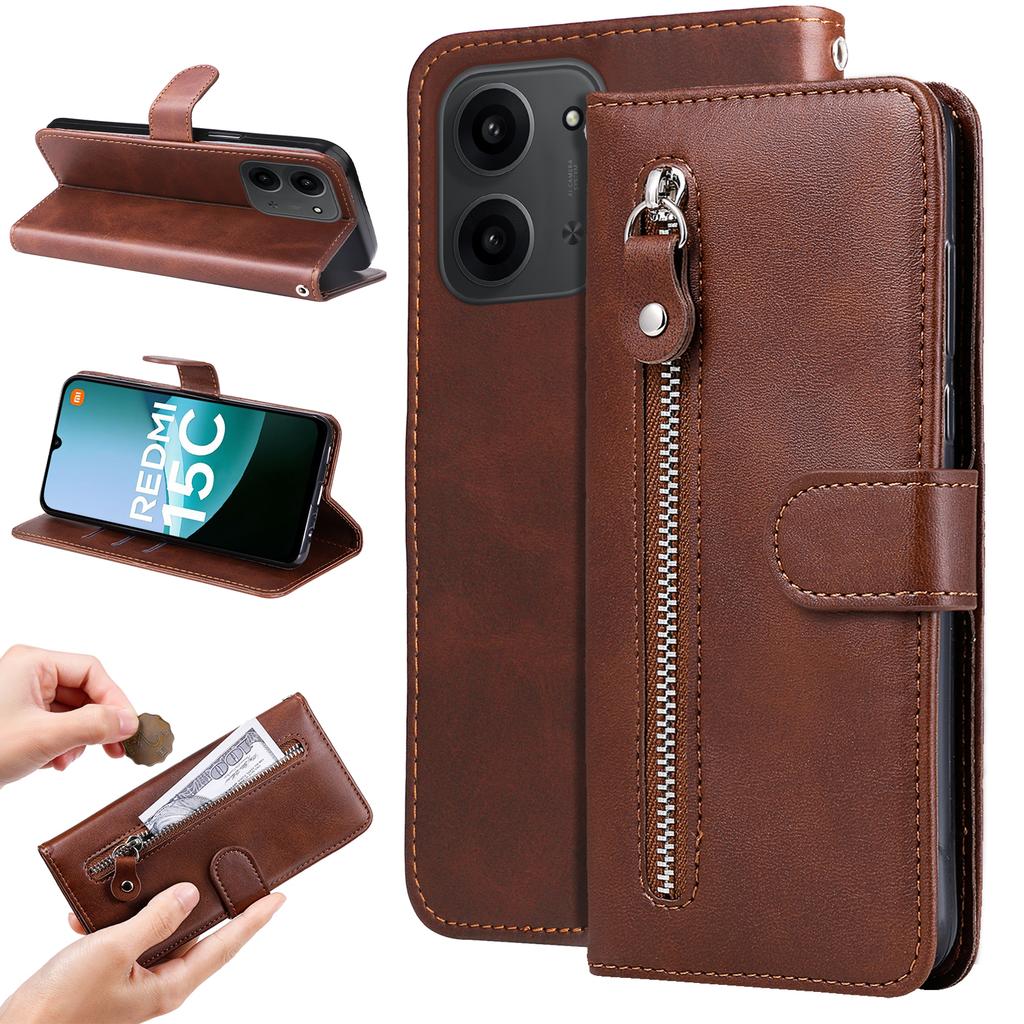 For Xiaomi Redmi 15C 4G (Global) (171mm)/Poco C85 4G (171mm) PU Leather Cases with Zipper Pocket Wallet Phone Cover Stand