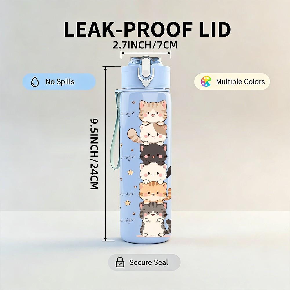 1PC Vertical Stacked Kitten Cartoon Print 750ml Color Plastic Sports Water Bottle Leakproof Flip Straw Lid Suitable for Sports Office Home Use