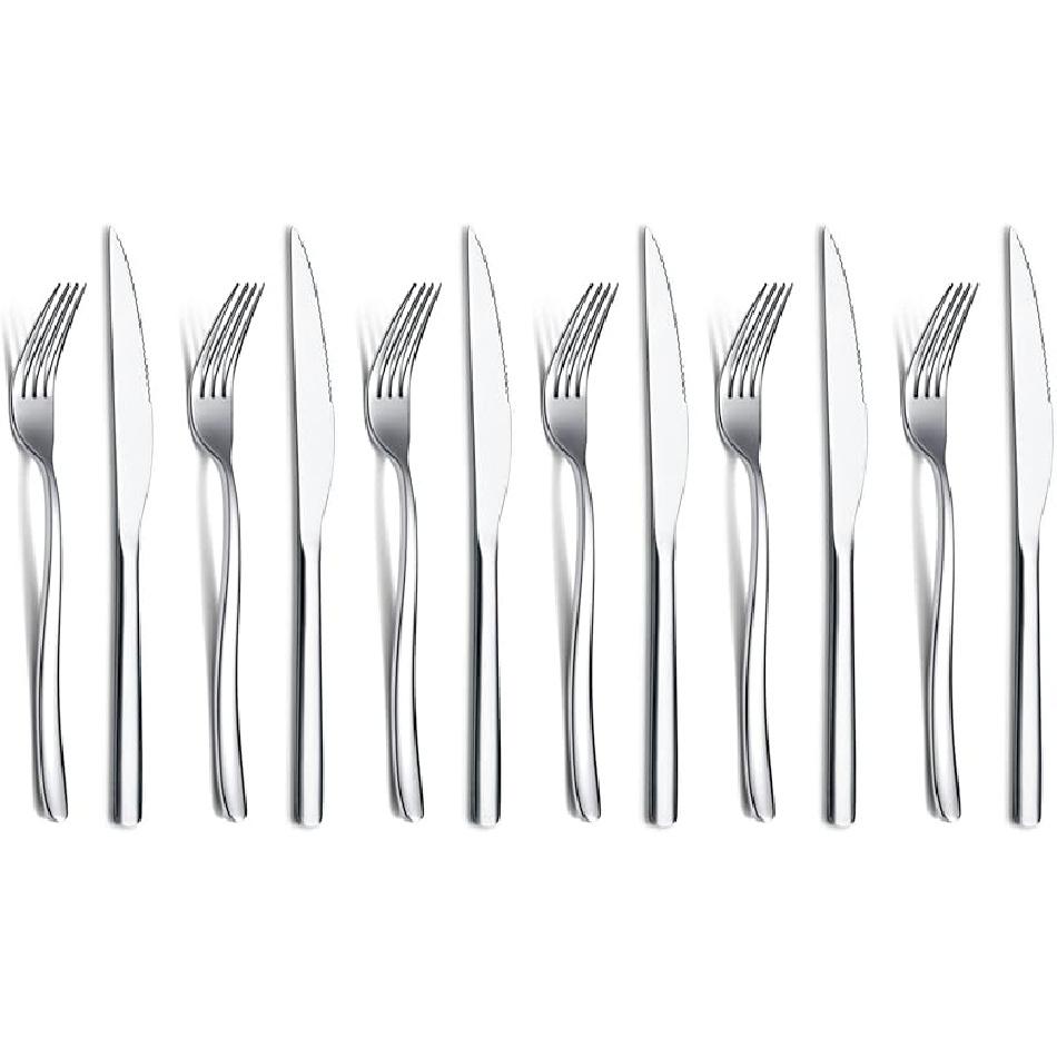 Gold Steak Knives Set 12 Piece, Premium Stainless Steel 6 Dinner Forks and 6 Dinner Knives Set, Steak Knives Steak Forks for 6 Person, Dishwasher 1. Silver