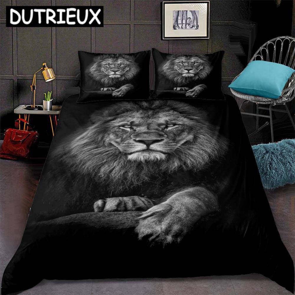 Black  Lion Pattern Duvet Cover Set 3D Lifelike Animal Print Bedding Set Soft Microfiber Bedspread 3pcs Bedclothes