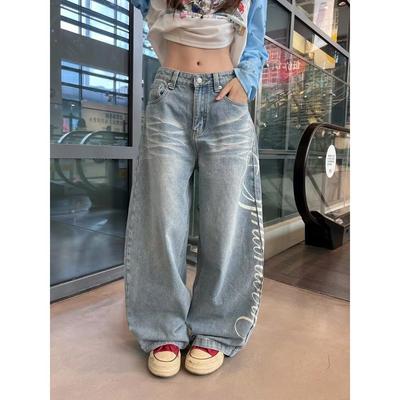 Dámské retro džíny širokých nohavic plus size s potiskem písmen v distressed stylu