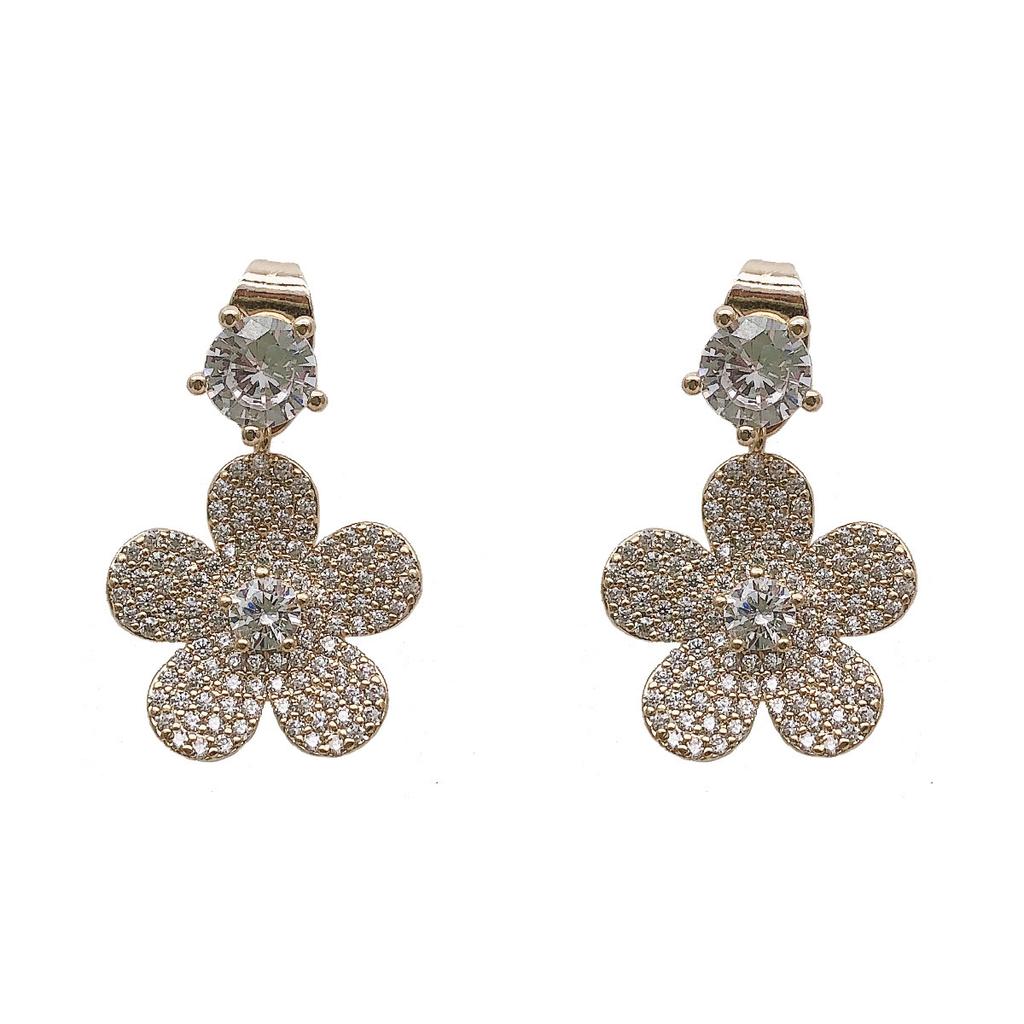 Temperament Five-Petaled Flower Earrings Zircon Flower Diamond-Set Front And Rear Wear Dual-Purpose Zircon Removable Stud Earrings
