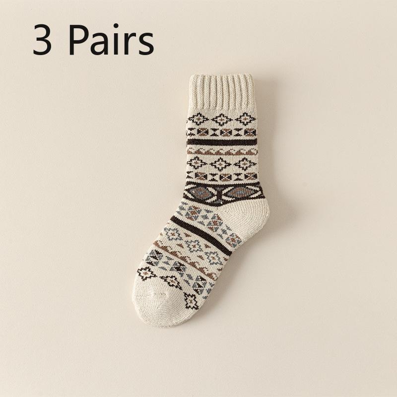 3 Pairs of Female Autumn and Winter Super Thick Warm Anti Cold Hair Ring Retro Pattern Wool Socks