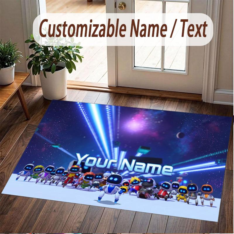 Custom Name Text Crystal Velvet Rug,Astro Bot Soft Plush Decorative Non Slip Floor Carpet