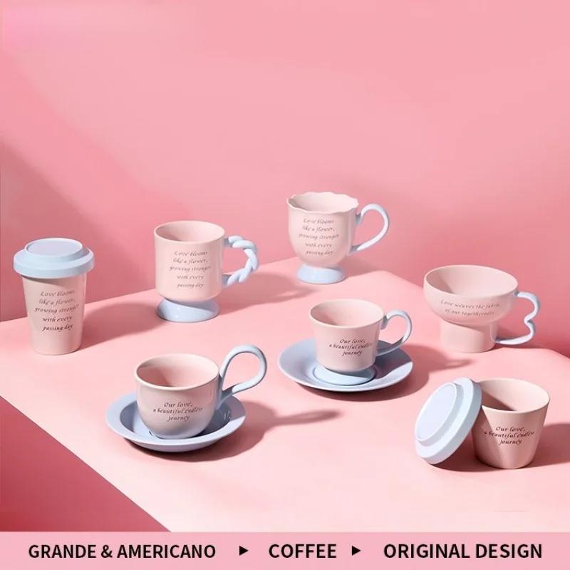 SOLECASA Ceramic Mugs with Creative Handle Pink Blue Coffee Cup & Saucer Set Afternoon Tea Coffee Latte Cups Home Coffee Mug Set