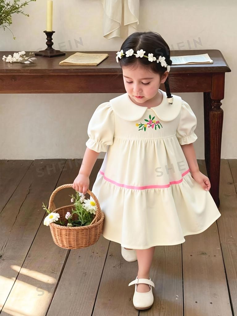 Baby Girl Summer Dress Short Sleeve Peter Pan Collar Embroidered Casual Outfit Toddler Cute Floral Dress
