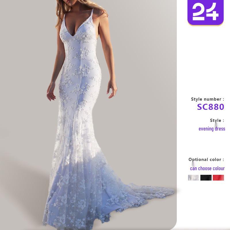 V-neck White Spaghetti Strap Evening Dress - Sexy European & American Style 2025