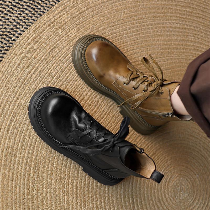 Fashion New Autumn/winter Genuine Leather Women Boots Round Toe Platform Shoes for Women Fashion Boots Mid Heels Lace Work Boots